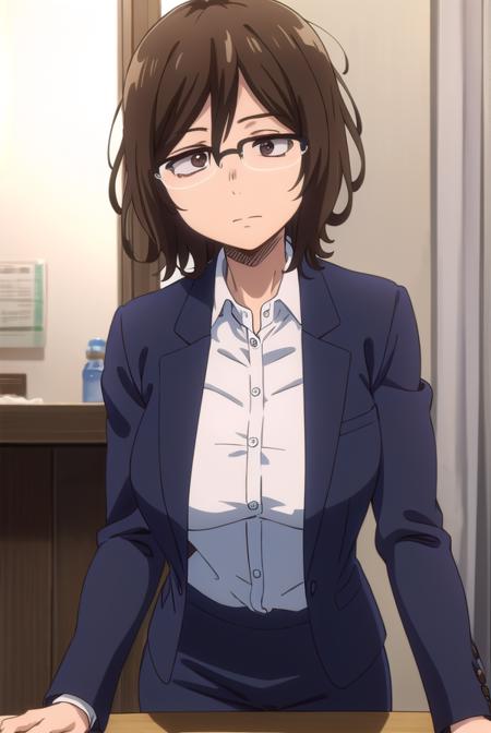 owarihajime, <lora:owari hajime s2-lora-nochekaiser:1>,
owari hajime, brown hair, (brown eyes:1.5), glasses, over-rim eyewear,
BREAK skirt, shirt, jacket, formal, suit, office lady,
BREAK indoors,
BREAK looking at viewer,
BREAK <lyco:GoodHands-beta2:1>, (masterpiece:1.2), best quality, high resolution, unity 8k wallpaper, (illustration:0.8), (beautiful detailed eyes:1.6), extremely detailed face, perfect lighting, extremely detailed CG, (perfect hands, perfect anatomy),