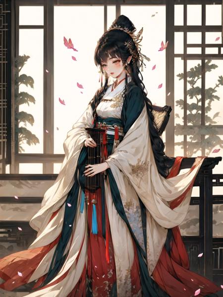 <lora:guochaorenwuV1.0:0.8>,guchen,1girl,braided ponytail,bangs,brown hair,butterfly,chinese clothes,falling petals,standing,sash,chair,building,instrument,tassel,hanfu,plant,