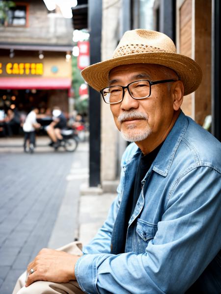 RAW photo, a trendy old man sitting in front of a cafe  <lora:CC_v1.2:0.8>, (high detailed skin:1.2), 8k uhd, dslr, soft lighting, high quality