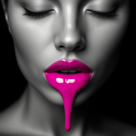 A close-up, monochromatic portrait of a woman's face, with her eyes gently closed, exuding an aura of calm and allure. Her skin is rendered in smooth grayscale, creating a striking contrast against her glossy, vividly colored lips painted in a bright, dripping fuchsia pink. The lips appear wet and lustrous, with a thick drip of the vibrant color flowing down her chin, evoking a sense of surreal elegance and mystery. The black background adds a sense of depth and isolation, enhancing the focus on her facial features and the dramatic color of her lips. The lighting is soft yet precise, casting subtle shadows and highlighting the contours of her face. The overall style is hyper-realistic with an artistic, high-fashion editorial vibe, emphasizing texture, contrast, and the vividness of the pink color in an otherwise grayscale composition