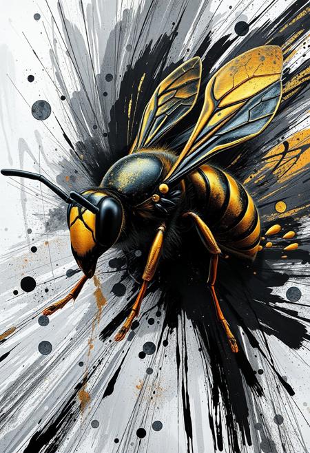 A hyper-stylistic, extremely detailed image depicts a breathtaking painting, crafted from a combination of smeared black and gold metallic paint. A hornet is captured in a streaked motion, as if it is moving rapidly in one direction. The black paint is applied in bold, dynamic strokes, creating a sense of energy and movement that is contrasted beautifully by the golden accents. The gold paint is used to highlight the hornet's features, adding a sense of depth and dimensionality to the image. The overall effect is one of breathtaking, surreal dynamism, as if the viewer has captured a fleeting moment in time. Every detail of the image is meticulously crafted, from the delicate, swirling patterns of the gold paint to the intricate, textured patterns of the black paint. The contrasts between light and dark, color and texture, create a sense of tension and energy that draws the viewer in, inviting them to explore the kinetic world of the painting. highest-Quality, intricate details, visually stunning, Masterpiece