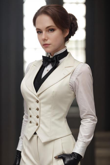 beautiful woman, makeup, eyeliner,  serious, standing,  best quality, high detail, blurry foreground, front, best quality, high quality, high detail, highres, 4k, <lora:mdollbot:0.7> , (white gloves), standing,  butler outfit, vest,  tailcoat:1.2, elegant and sophisticated, Victorian era influence, tailored jacket, crisp white shirt, ascot, high-waisted trousers, polished leather boot heels, detailed embroidery, monochrome color palette,  cinematic lighting 8k resolution,