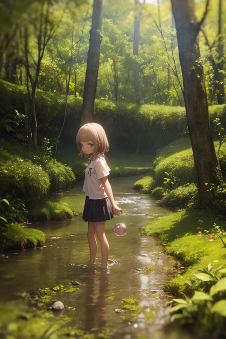 masterpiece, best quality, 1girl,Stream,Moss,small pebble,Forest,Short Skirt,kid,Happy,Water,Bubble,paddy field, wangxi <lora:WangxiNAI:1>