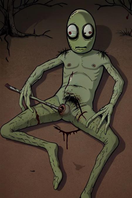 saladfingers green skin sweater blue pants