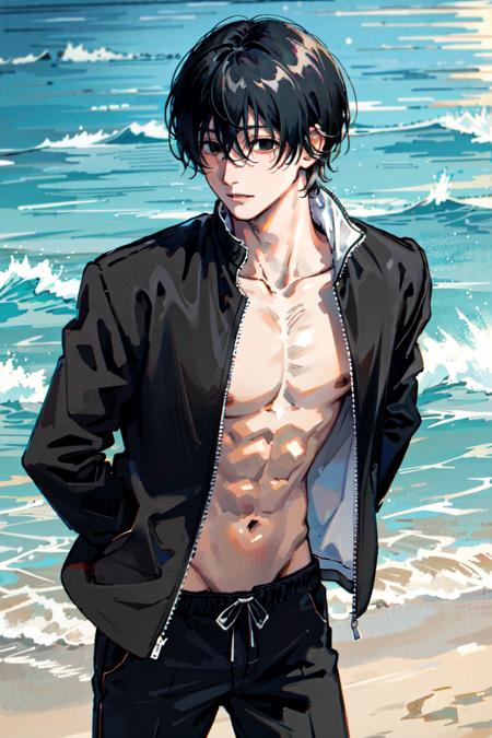 (masterpiece, best quality), illustration,  <lora:chainsawman_yoshidahirofumiv1-000035:1>, yoshida hirofumi, 1boy, beach, male swimwear, black swimwear, arms behind back, leaning forward, ocean, water, sea, pectorals, white jacket