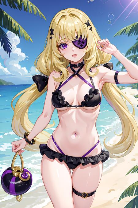 charlotte, 1girl, solo, blonde hair, long hair, purple eyes, eyepatch