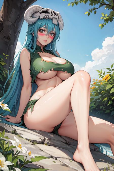 nel, long hair, solo, facial mark, large breasts, torn clothes, underboob, looking at viewer, hair between eyes, midriff, cleavage, blush, barefoot, green clothes nel, long hair, facial mark, large breasts, hair between eyes, barefoot, green clothes, skull, 