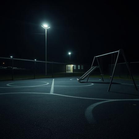 A liminal space of an empty elementary school playground at night, bathed in the dim glow of flickering streetlights. The cracked asphalt, once filled with laughter and running feet, is now eerily silent. The faded hopscotch lines and scuffed four-square courts remain, ghostly reminders of a time that feels distant yet strangely familiar.
The old metal swings creak gently in the night breeze, swaying ever so slightly as if someone just left. The slide, its metal surface cold and reflecting the pale moonlight, stands abandoned. The chain-link fence enclosing the playground rattles softly, the only sound breaking the heavy silence. The dull hum of a distant highway lingers in the air, mixing with the faint scent of chalk and damp pavement.
Beyond the playground, the darkened school building looms, its windows empty and unblinking. A single fluorescent light flickers in a distant hallway, casting long, unsettling shadows. Though no one is here, the place feels alive, as if the echoes of recess and childhood games still cling to the air. This is a place you’ve been before—or maybe just dreamed of—a space between memories, forever paused in time.