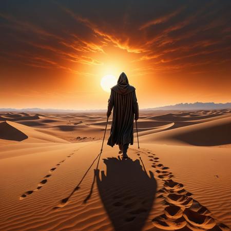 Ultra realistic full body color pencil drawn portrait of  
a lone hooded figure of a man with a walking staff walking through a desolate dessert, towards the rising Sun in the horizon. Walking away from the viewer facing the Sun in the horizon.
BREAK
Deep dark intense beige and orange hazy background,
Dark theme, dynamic lighting, (soft shadows), (soft focus),  (photo realistic), uhd, 8k