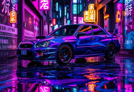 A 2006 subaru wrx sti sedan, coated in a Liquid Marble blend of deep indigo, ultraviolet purple, and electric cyan, parked in a narrow Tokyo alleyway glowing with vibrant neon lights. The wet pavement has transformed into a glossy Liquid Marble surface, swirling with reflections of neon pinks and blues, shifting like an otherworldly mirror. Neon kanji signs flicker on the walls, their distorted reflections stretching across the fluid-like ground. The chrome bumpers and round side mirrors shimmer, absorbing the ambient glow, while the black alloy wheels with polished lips contrast against the flowing, futuristic scene.