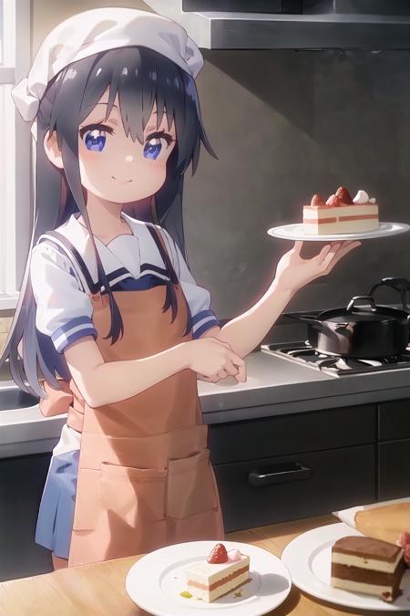 1girl, watahana, smile,
sseifuku, (apron:1.1), white headwear,
standing, cooking, cake, strawberry,
indoors, kitchen
<lora:Wataten_Hana-v20:1>