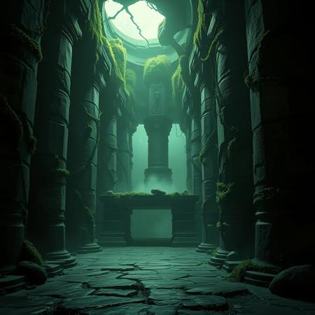 A liminal space within the Forest Temple from The Legend of Zelda: Ocarina of Time—a place lost in time, abandoned yet strangely alive. Towering stone pillars, covered in moss and ivy, stretch into the shadows. A dim, greenish glow filters through cracks in the ceiling, casting soft, eerie light onto the damp stone floor. The air is thick with the scent of earth and ancient decay.
Faint particles of light float, drifting unnaturally. The only sound is the distant echo of dripping water. Twisting corridors lead into the unknown, their walls marked by faded carvings of forgotten legends. Vines creep along the surfaces, slowly reclaiming the temple.
A dense mist lingers in the main chamber, shifting as if it breathes. The temple feels frozen between worlds—neither truly real nor entirely a dream, a forgotten space where time has unraveled. Though no one is here, an unshakable presence lingers, just beyond sight.
