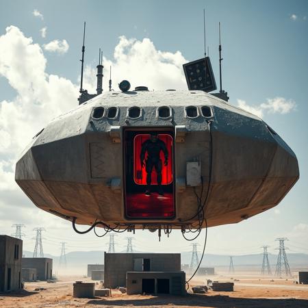 ultra high resolution, masterpiece, best quality, large rectangular gray spacecraft with an extremely rough textured surface, hovering low to the ground, underneath the spacecraft are cables, hoses, and wires, antennas on top, cables hanging from below, rectangular in shape, futuristic world, post apocalyptic landscape, ((low concrete buildings:1.3)) anti gravity, in the atmosphere, sky, clouds, ground visible, hovering, dry, ((dusty)), bleak landscape, parched, bright noon sunlight, square shapes, bleached colors, destroyed industrial buildings, powerlines and towers, concrete foundations, open entrance hatch on spaceship, soldier in dark armored spacesuit, helmet, standing in the well lit entrance, red interior lighting