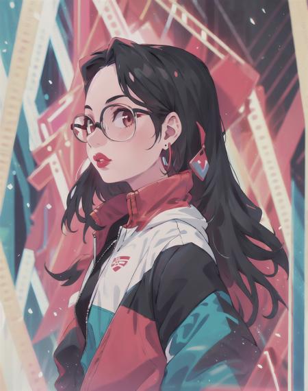 <lora:nhsheying-000009:0.8>,nhsheying,1girl,black hair,color blocking jacket,earrings,glasses,long hair,looking at viewer,on black,profile,red lips,solo,upper body,