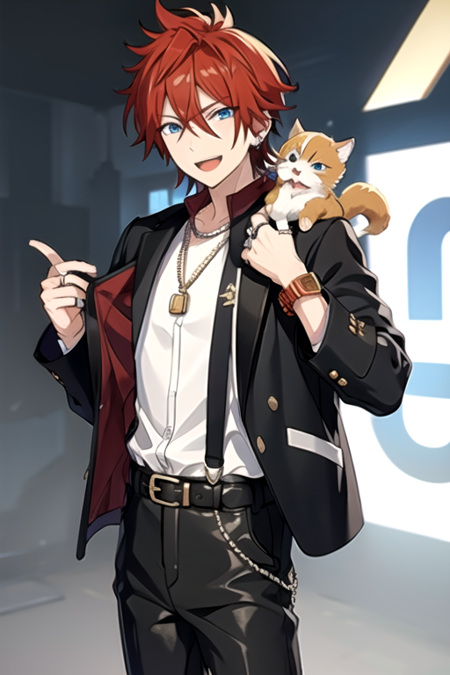 <lora:RinneAmagi-05:0.7> ,rinne, solo, looking at viewer, smile, short hair, open mouth, blue eyes, shirt, 1boy, holding, hair between eyes, jewelry, jacket, white shirt, male focus, red hair, cowboy shot, earrings, belt, pants, necklace, bracelet, black jacket, black pants, ring, suspenders,  black belt, jacket on shoulders