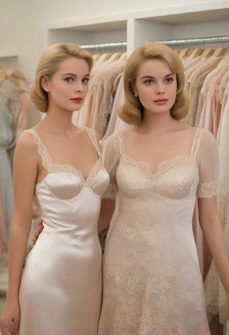 score_9, score_8_up, score_7_up, 1984 Tippi Hedren and Grace Kelly, pretty blond, slim, slender, wearing satin nightie with spaghetti straps and lace trim, blond, standing in a busy lingerie store surrounded by pretty friends wearing pretty silk and satin slips and nighties and lingerie