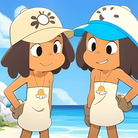 <lora:MouseDroners:0.9>mouserdroners, 1girl, short in stature, tanned skin, brown hair,  shoulder-length hair, leeveless, strapless yellow-white dress, a blue cap with a white sun emblem, blue cap, a yellow and white seashell necklace, sunshine, sea, beach