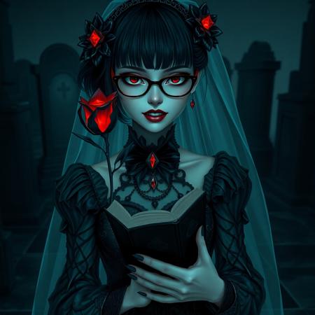 1girl, mysterious, hyper-realistic, despotically evil vampire queen, detailed argular scary face, goth sugar skull make up, jet black hair, black malachite crystal victorian dress with sharp jagged textures, Black Soul Gem Eyes, skull tiara with ebony accents, vampire fangs, glowing bioluminescent accents, holding scepter carved from bone with a red crystal skull on th end, haunting cemetery background, black glass floor, dim lighting, matte color tones, flat color style, horror fantasy, intricate details, cinematic shading, reij-blckprlglss, aidmaImageUpgrader