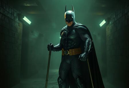 "Create a photorealistic, detailed portrait of Batman wielding the Infernal Gauntlet, inspired by Gao Qipei's style and a dark green color scheme. The scene is set in a dimly lit basement, with Batman standing in a dynamic pose, using crutches and holding a metallic scepter. Utilize 4K/8K resolution, intricate lineart, and atmospheric lighting to enhance the mood. Consider incorporating elements of A24! film cinematography, with sharp focus and a natural atmosphere. This artwork is to be trending on ArtStation, and influenced by the style of i.w.gu, Gustave Dore, Finnian Macmanus, Dariusz Zawadzki, Giger, Dragan Bibin, and Artgerm."full body