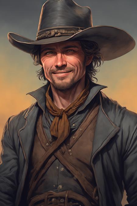 <lora:w3st:1>  w3st man portrait, cowboy, black outfit, smiling