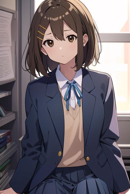 yuihirasawa, <lyco:yuihirasawa-LYCORIStest:1>,
yui hirasawa, (brown eyes:1.5), brown hair, hair ornament, hairclip, medium hair, (flat chest:1.2),
BREAK black pantyhose, blazer, blue jacket, blue ribbon, blue skirt, buttons, collared shirt, jacket, long sleeves, neck ribbon, pantyhose, pleated skirt, ribbon, sakuragaoka high school uniform, school uniform, shirt, skirt, white shirt, winter uniform,
BREAK looking at viewer,
BREAK indoors, classroom,
BREAK <lora:GoodHands-vanilla:1>, (masterpiece:1.2), best quality, high resolution, unity 8k wallpaper, (illustration:0.8), (beautiful detailed eyes:1.6), extremely detailed face, perfect lighting, extremely detailed CG, (perfect hands, perfect anatomy),