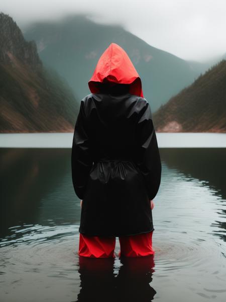 <lora:ElizabethGadd:1>a woman in a black raincoat stands with her back to us, waist-deep in the center of the lake surrounded by mountains, gloomy, red on the water