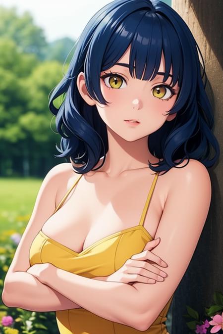 masterpiece, best quality, cute, medium hair, blue hair, yellow eyes, wavy hair, blunt bangs, large breasts, dress, bare shoulders, flower, crossed arms, depth of field, field, forest,