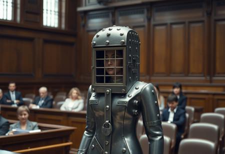 view of a courtroom in session, A perfectly smooth tightly-fitting bdsm steel casing covered with rivets and shaped like a perfect standing woman with a restraint collar and with a barred horizontal eye slit on the front of the head (and a padlocked hinged door closing over the mouth:1.4) ( a woman is trapped inside looking out through the barred eye slit:1.5) standing in the dock