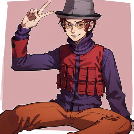 Masterpiece, best quality, 1boy, solo, smirk, <lora:Brown:1>, brownp2, jacket, hat, vest, turtleneck, glasses, (red pants), sitting, simple background,