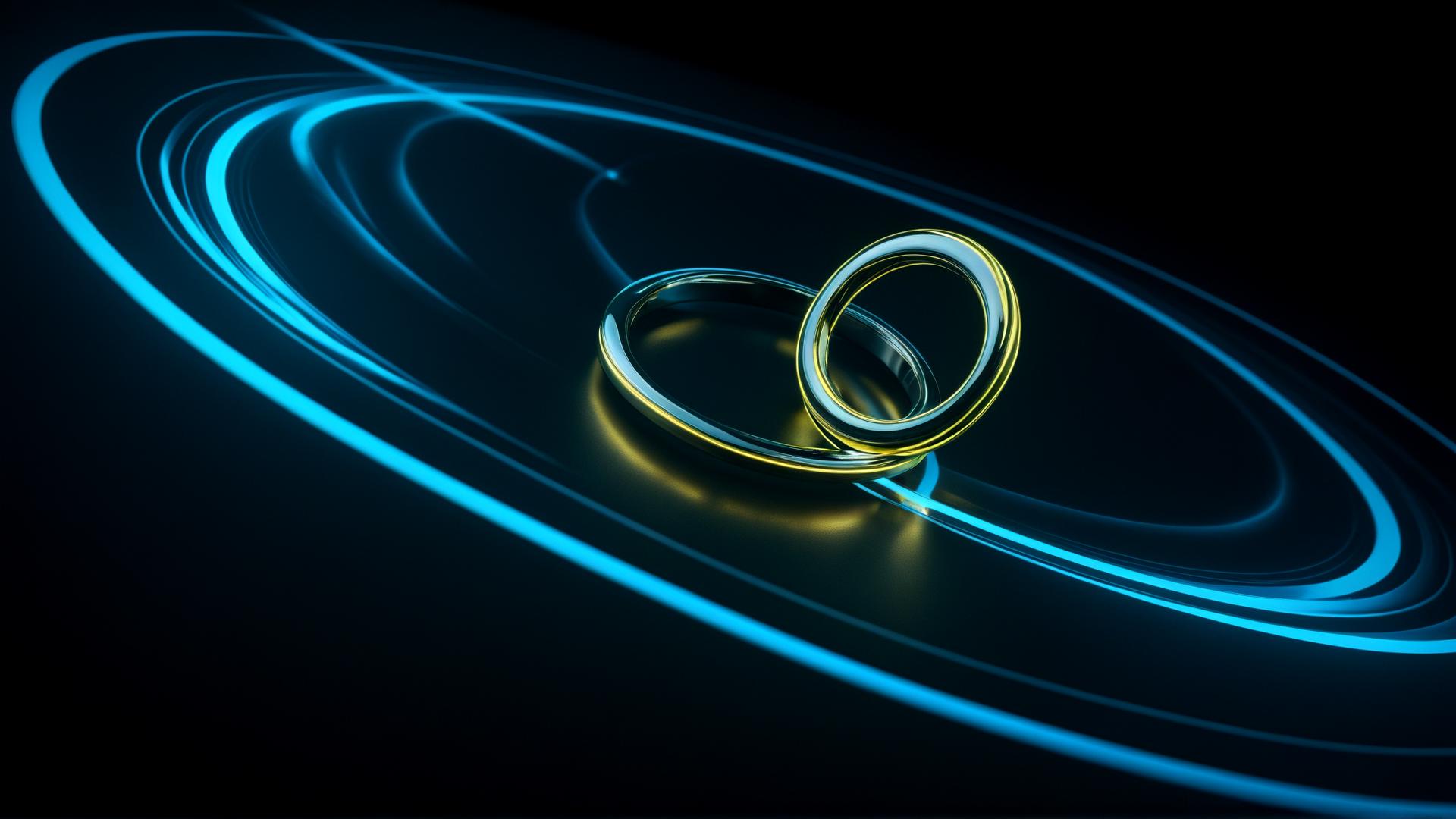 Floating neon rings, slowly rotating in space. The rings glow with bright, electric blues and greens, casting soft reflections onto a dark, glossy surface. The background is a deep void, with subtle light beams passing through the scene., Photorealistic, Hyperrealistic, Hyperdetailed, analog style, soft lighting, subsurface scattering, realistic, heavy shadow, masterpiece, best quality, ultra realistic, 8k, golden ratio, Intricate, High Detail, film photography, soft focus