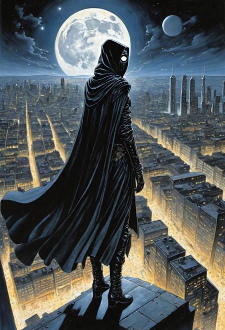 painting by Yoshitaka Amano, (dynamic_angle), 
woman with floating cloak and black domino mask, burning midnight costume, high boots, clothes like midnight full of stars, Night light, sharp shadows, moon lit, 
looking out over city, City landscape, dystopian city, crowds of people, 
standing high above stret, 
(highly detailed, digital painting, concept art),
sharp focus, illustration, 
multicolored, soft colors, detailed textures,