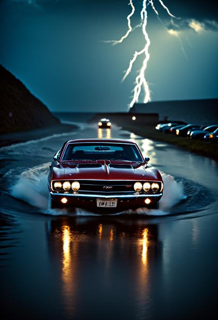 cinematic film still <lora:CHV CLIP-Muscle Cars:1>,Cornelisz Hendriksz Vroom,muscle cars,classic car,<lora:Metroplex-Streets:1>,street,photography,<lora:Abstract Concept-water-000004:0.4>,water concept art,water,standing on water,fantasy,waves,lightning,outdoors,humans,cloudy,background,scenery, . shallow depth of field, vignette, highly detailed, high budget, bokeh, cinemascope, moody, epic, gorgeous, film grain, grainy