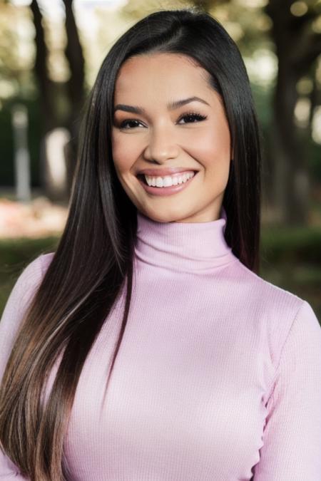 Photo of beautiful jul13tt3 woman, detailed face smiling, (blurred background)+, light purple turtleneck blouse