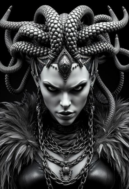 Close Up shot, front view of Medusa, aggressive look, beautiful, snakes, chains necklaces, feathers pauldron, fur cape, hyper realistic, ultra detailed black and white Photography studio style