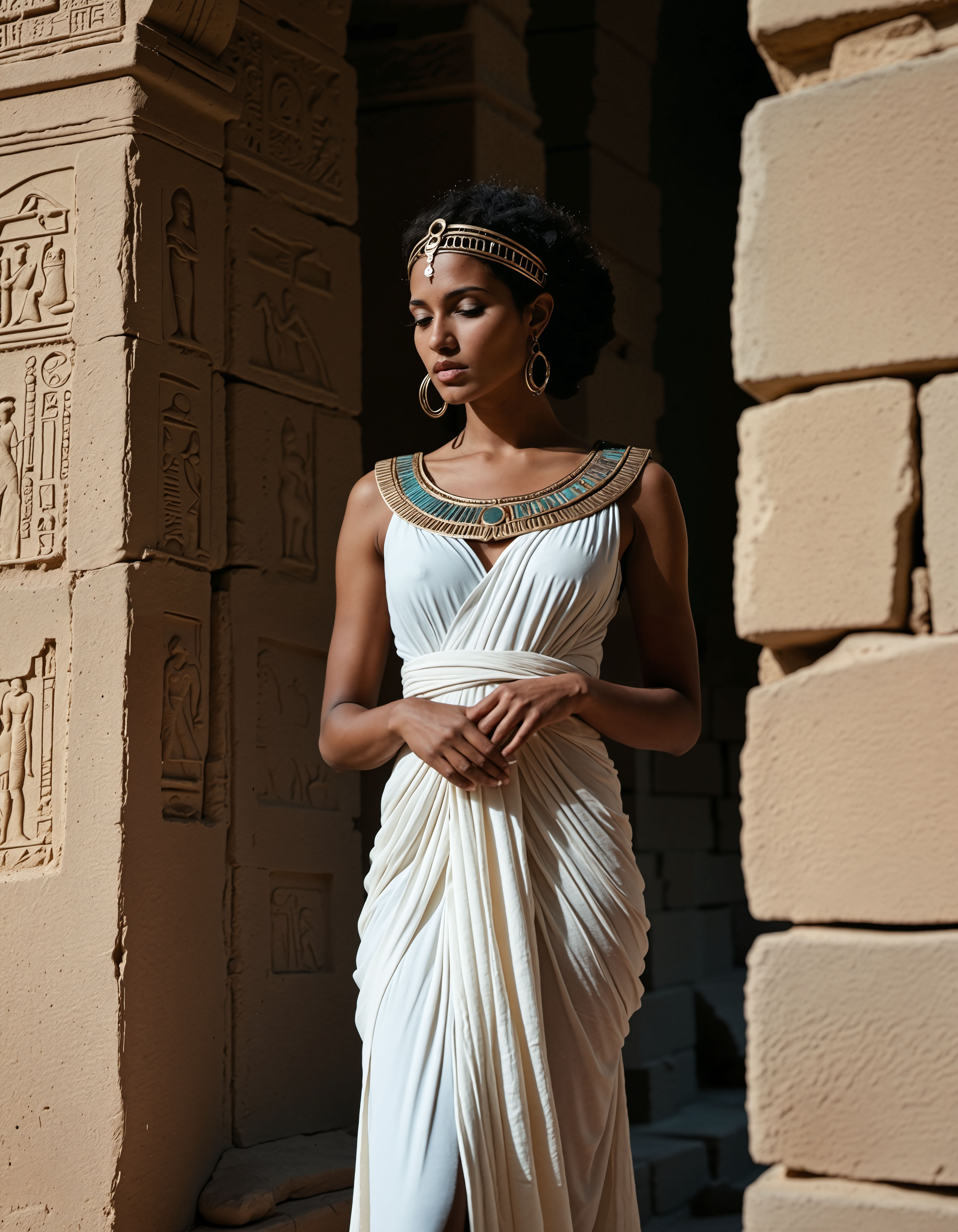 analogue photo of dark skin beautiful Egyptian woman, In the cool shadow of a partially collapsed temple wall, a contemplative priestess wearing a softly worn fine linen dress and a simple circlet of bronze and turquoise stands silently, her gentle gaze and realistic details capturing the balance between divine duty and the grit of everyday life., wlae86, <lora:sdxl_Egyptian_WalkLikeOne:1.0> clear focus, high resolution image,  ,Ancient, egypt, mystical and epic feel,,low light, soft natural light, Rembrandt style light, Hasselblad DLSR camera, 200mm Zeiss lens, f/2.8, ,Sexy pose, erotic pose, exhibitionism,