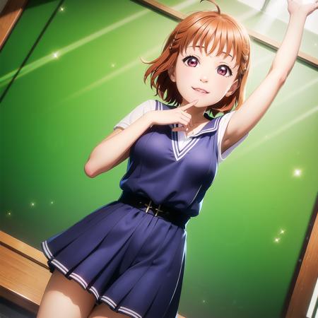 1girl, solo,(best quality),(masterpiece:1.1),blue (school uniform:1.4),dress, looking_at_viewer, neck_ribbon, smile, black eyes , studio background, cute, clear facial skinbare shoulders, water,cinematic angle,thigh gap,cleavage,revealing,see-through,professional lighting,thighhighs,sailor collar,necklace,