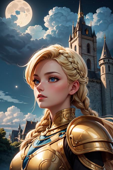 best quality, high detail, (detailed face), detailed eyes,((best quality, masterpiece)), 1girl, black and gold armor, blonde braided hair, moon light , ((full moon):0.5), outdoor, clouds on background,fantasy, medieval, castle on background <lora:more_details:0.3> <lyco:GPTS4 dreamwave full_478773:0.3> <lyco:GoodHands-beta2:0.8>