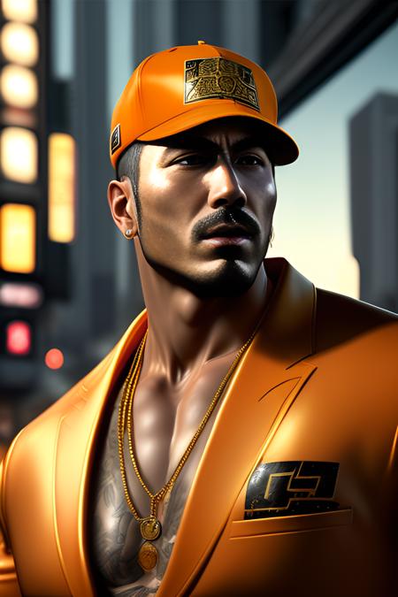 a man wearing cap and Gold necklaces smoking cohiba cigars, yakuza, orange supersport car in background, realistic, 8k, high quality