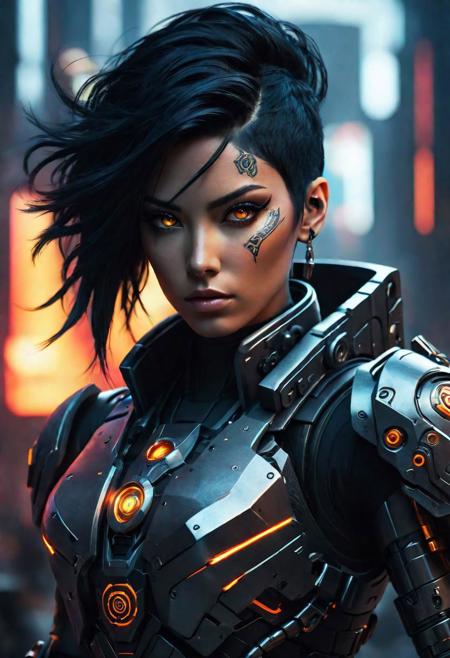 A female cyborg with glowing eyes and a face tattoo, black hair, dark grey armor, holding a very large gun, hyper detailed, trending on Artstation. Octane render, 8k resolution. Trending on art station. By Greg Rutkowski beeple, syd meade, dan mumford. Dark New York Fantasy Illustration. Cinematic. dynamic lighting. Highly detailed painting. moody atmosphere. Cyberpunk style. <lora:Details:0.85>