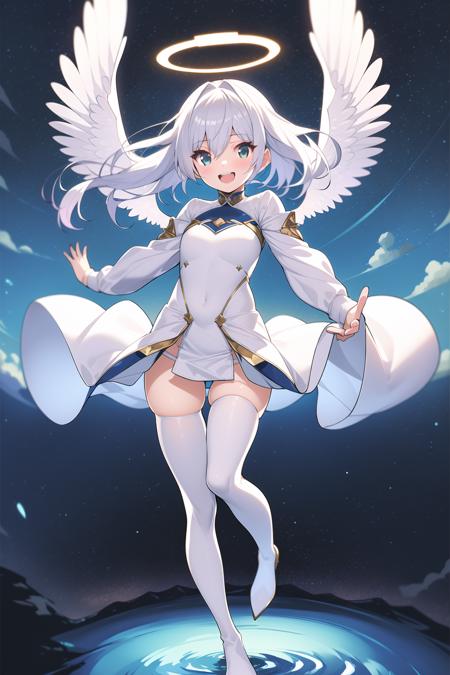 masterpiece, best quality, 1girl, <lora:saitom:1>, solo, thighhighs, long sleeves, white dress, dress, halo, angel wings, thighhighs under boots, single thighhigh, bangs, boots, hair between eyes, white footwear,  white thighhighs, white hair, petite, flying, floating hair, smile, open mouth, river, beautiful sky, detailed sky