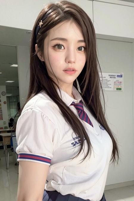 bgyujeong, school, (day:1.1), RAW,(8k, best quality, masterpiece:1.2),(intricate details:1.4),(photorealistic:1.4),octane render, complex 3d render ultra detailed, studio soft light, rim light, vibrant details, ultra detailed, realistic skin texture, detailed face, beautiful detailed eyes, extremely detailed CG unity 8k wallpaper, makeup, (detailed background:1.2), (cowboy shot:1.2),(perfect anatomy:1.2),(wide hip:1.1),(school uniform:1.2), <lora:bgyujeong-v1:1>