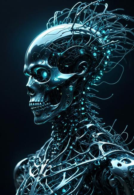 An enthralling 3D render unveils a dark fantasy mechanical neck spine system, envisioning a futuristic and sinister concept. The spine is intricately detailed, incorporating fiber optic neurons that interconnect with a polished, transparent helmet. The helmet houses electronic-optical eyes that emit a subtle, enigmatic glow, contributing to the ominous appearance. The design masterfully merges advanced technology with the macabre, eliciting a sense of enigma and captivation. This conceptual artwork prompts the viewer to contemplate the intersection of technology and dark fantasy, evoking a blend of fascination and discomfort.