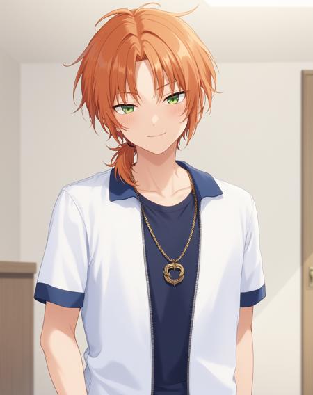 tsukinaga_leo_pony, orange hair, green eyes, medium hair, ponytail,