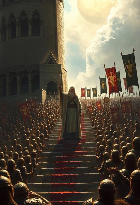 Epic fantasy art painting of Saruman the White standing at the stairs of the tower of Orthanc in Isengard, delivering a speech to his huge Uruk-hai orc army, rank upon rank, banners bearing the white hand symbol of Saruman, epic, powerful, mighty