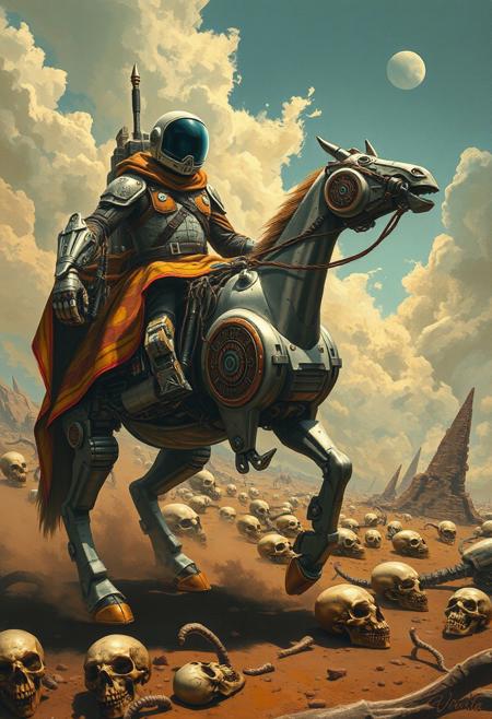 Retro Scifi style. A painting depicting a Spaceman, visor of his helmet is transparent, riding a robotic horse, in a chaotic, apocalyptic scene. The warrior, a towering, imposing figure, stands with his feet planted firmly on a battlefield littered with alien skulls and bones.