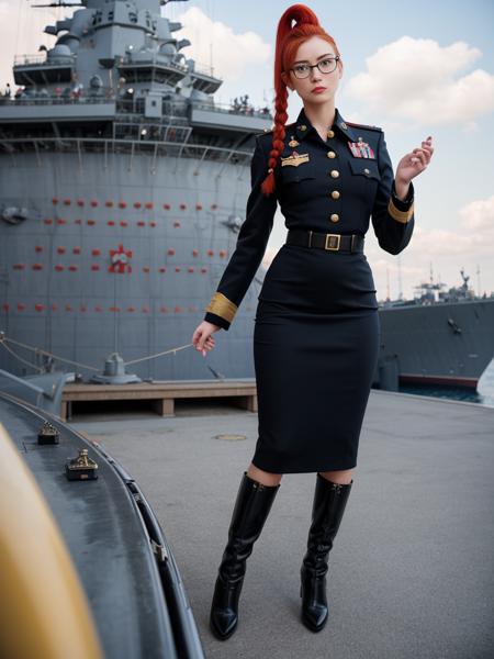 raw photo, 35mm photography, 20y old russian female military officer with glasses and a fiery red ponytail haircut posing with her hands on her hips on deck of a modern battleship, midi  pencil skirt, heels, detailed face, detailed eyes, ultra detailed hair, heavy makeup, lipstick, arrogant facial expression, intricate uniform, Shaft boots, feminine, elegant, romanic and german influence, insignia, embellishments,