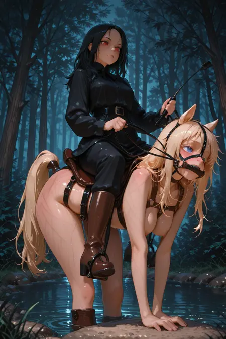 ponygirl ponyplay riding (with stirrups)