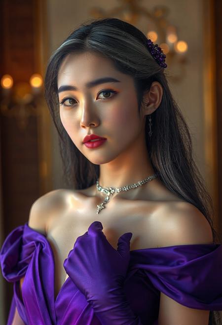 DSLR-style portrait of a slender, elegant 26-year-old Korean model, translucent pale skin with natural texture, soft shadow on cheek, diffused daylight from side, parted lips, clean background, solo, masterpiece, ultra high-res  
<lora:NOOB_vp1_detailer_by_volnovik_v1:1>
barely visible pores, subtle skin texture variation, translucent skin tone
score_9, score_8_up, score_7_up, black hair, shiny skin, wet skin, eye contact, tilted angle, moody lighting, flouting, suggestive pose, perfect quality, (abstract:0.2)  
<lora:MythAnim3Style:0.9> MythAn1m3, , asian face,
(Korean)(black eyes) (masterpiece:1.4), (best quality:1.2)
<lora:RMSDXL_Enhance: 0@0, 4@5 > <lora:Add_more_details_pony: 0@0, 1@5 > <lora:hd_4k_ntc: 0@0, 1@5 > 
(Depth of field), 
 masterpiece, high resolution, cinematic, masterpiece,
(bright lighting),
<lora:S1_Dramatic_Lighting_v2:0.15> <lora:g4n1m3XLP:0.8> <lora:d3t41l3dXLP:0.5> 
,gorgeous:4,detailed
<lora:surrealidescent_v1:3.14>
 <lora:flux dtmh:3.14> <lora:Hand v2:3.14>, SEED: 611294289, cleavage, cameltoe,
(cinematic lighting, best quality, masterpiece, very aesthetic, absurdres, highres, detailed, 8k, perfect anatomy, 1girl, herta \(honkai: star rail\), gray long hair, purple hair ornaments, violet evening dress, gorgeous dress, long gloves, star jewelry, earrings, necklace, leg choker, face makeup, gorgeous hairstyle, view from above, luxury mansionbackground,