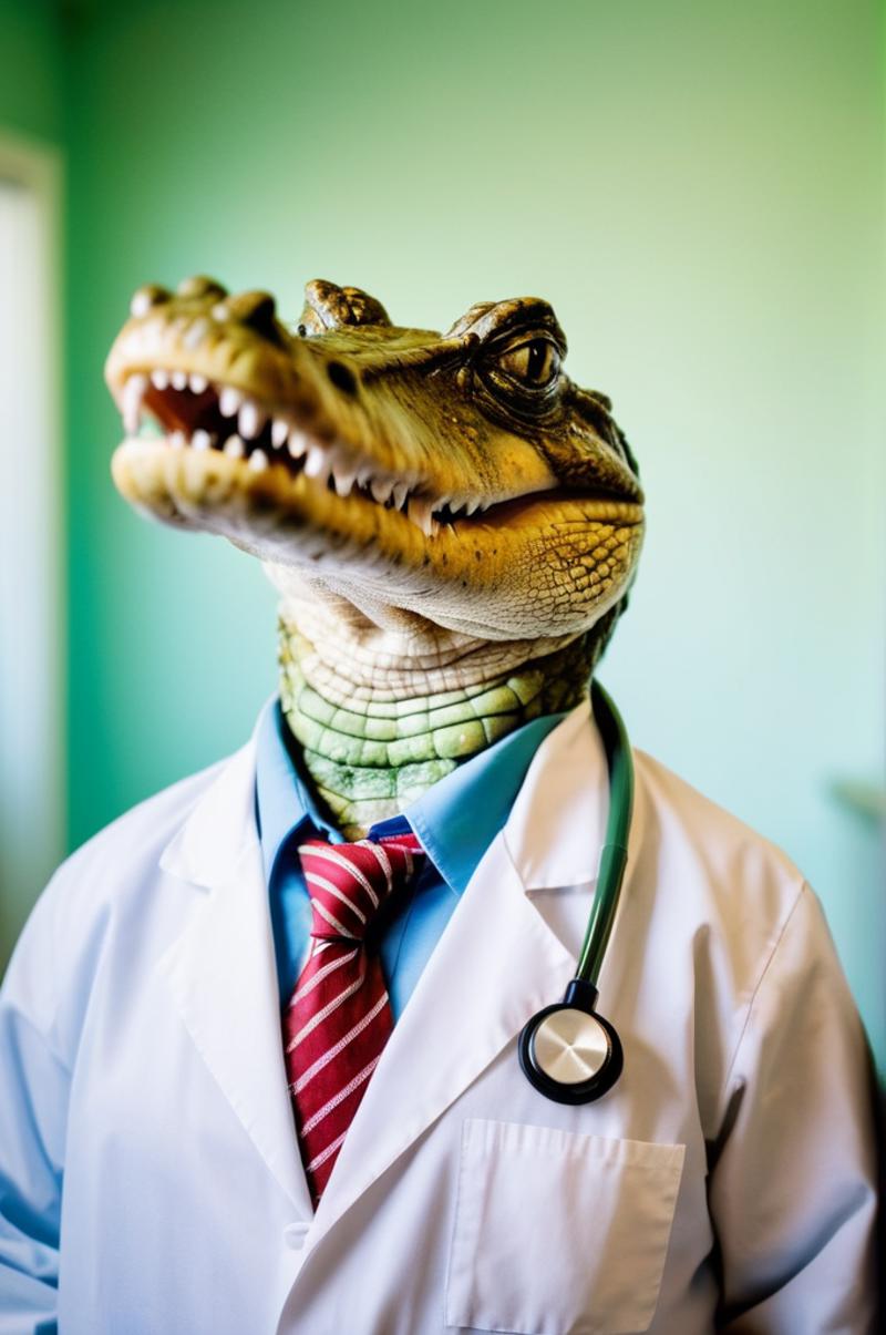 A man wearing a white lab coat and a tie with a crocodile head on it.
