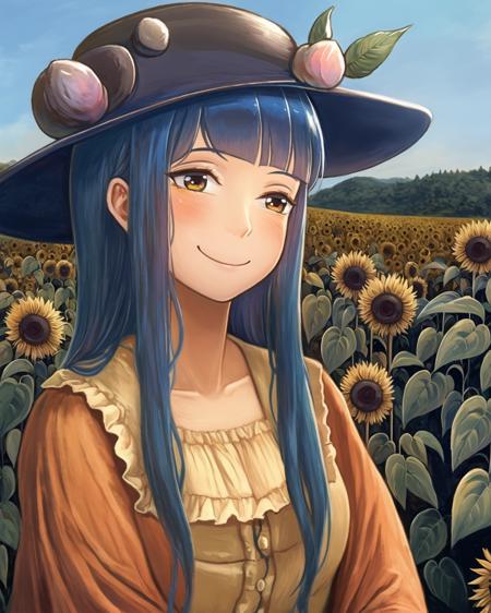 masterpiece, best quality, highly detailed, amb, 1girl, smile, blue hair, fine art parody, flower, hat, leaf, long hair, parody, peach, sunflower field, (hinanawi tenshi:1.2)